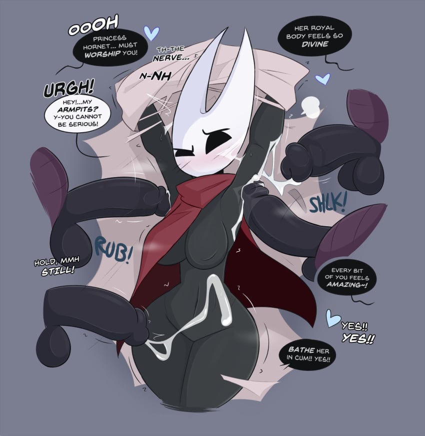 1girls 2d 4boys armpit_sex armpits arms_up big_breasts black-skinned_female black_eyes black_skin blush bondage cape cum cum_on_armpit heart hollow_knight hornet_(hollow_knight) kilinah nipples nude rape restrained text thick_thighs