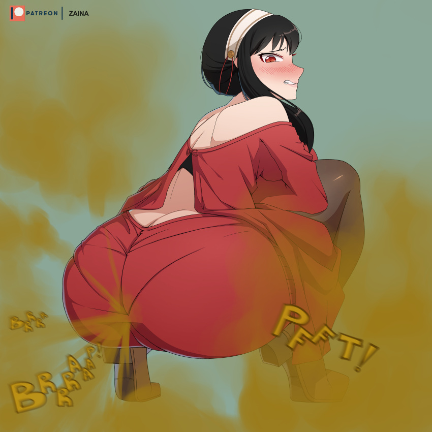 1girls big_ass big_butt black_hair blush fart fart_cloud fart_everywhere fart_fetish farting hairband looking_back onomatopoeia pantyhose pantylines rear_view red_eyes solo_female spy_x_family squatting thick_thighs yor_briar yor_forger zaina_art99