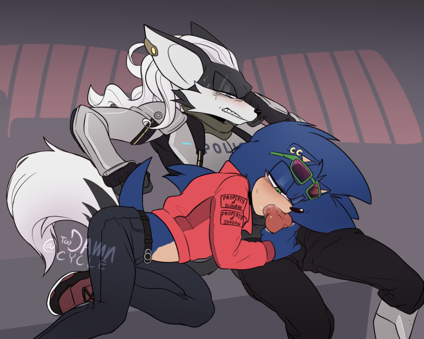 annoyed anthro anthro_on_anthro balls blowjob blush blushing clothed clothed_sex clothing earrings furry furry_only gay gay_sex half-closed_eyes hedgehog infinite_(sonic) jackal jacket male/male male_only mobian_(species) oral penis piercing police police_uniform sega sonic_(series) sonic_forces sonic_the_hedgehog sonic_the_hedgehog_(series) sunglasses toodamncycle yaoi