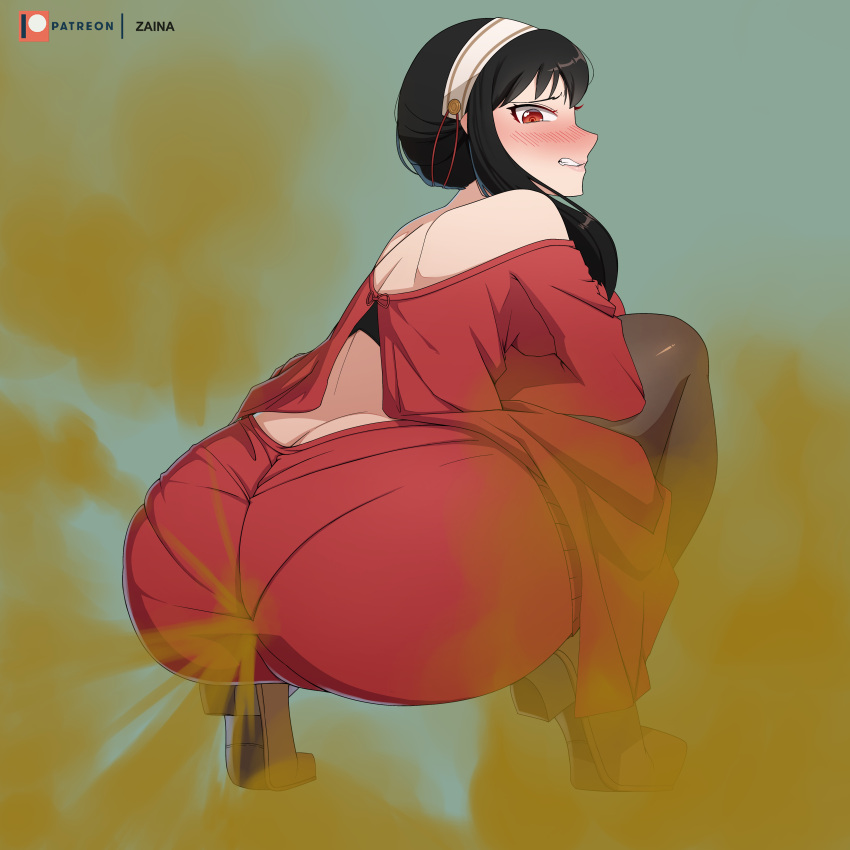 1girls big_ass big_butt black_hair blush fart fart_cloud fart_everywhere fart_fetish farting hairband looking_back pantyhose pantylines rear_view red_eyes solo_female spy_x_family squatting thick_thighs yor_briar yor_forger zaina_art99