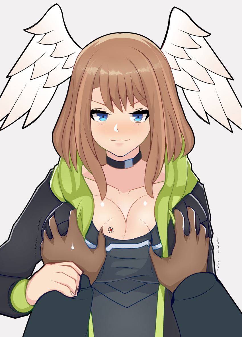 1boy 1girls alternate_breast_size assertive_female big_breasts black_skin blue_eyes blush blushing boobies breast_grab breasts brown_hair cleavage dark-skinned_male dark_skin djames eunie_(xenoblade) feathered_wings feathers grope groping groping_breasts guided_breast_grab horny_female huge_breasts in_love interracial large_breasts light-skinned_female light_skin nervous pale_skin pov smiling_at_viewer smug squish squished_breasts sweat sweating taion_(xenoblade) tomboy trembling white_skin wings xenoblade_(series) xenoblade_chronicles_3