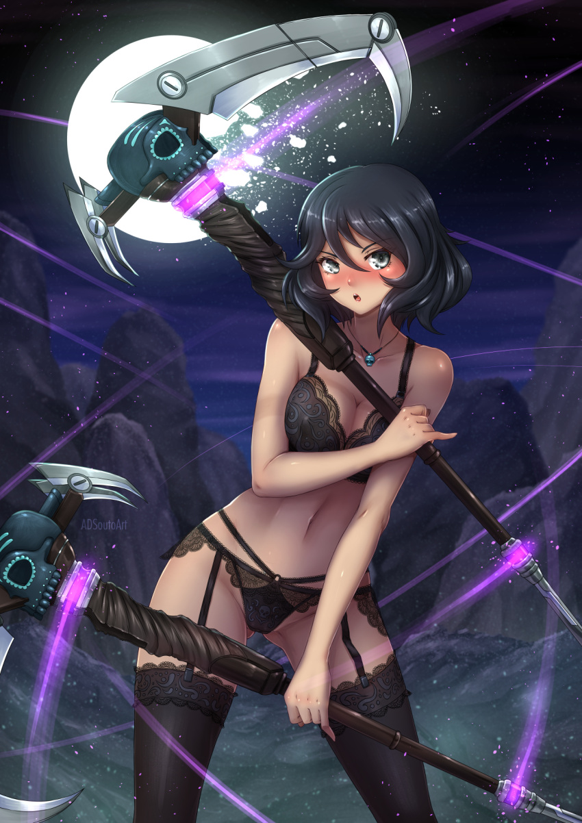 adsouto black_hair blush breasts covering_breasts dark-skinned_female dark_skin dual_wielding lingerie maria_calavera moon moonlight night panties pinup rooster_teeth rwby scythe short_hair silver_eyes solo solo_female thighhighs weapon weapons