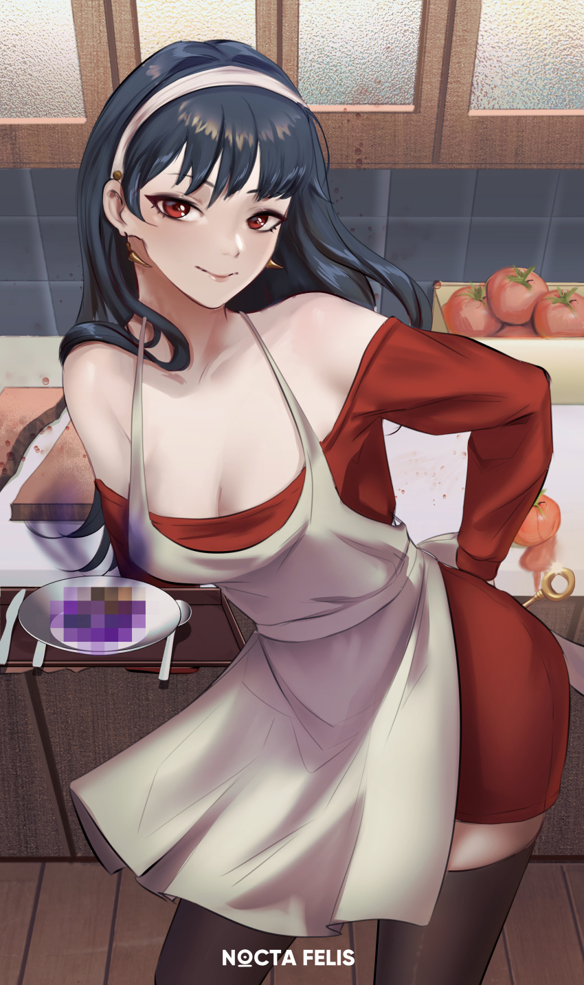 1girls alternate_version_available apron black_hair breasts censored censored_food cleavage clothing ear_piercing earrings female female_only hair holding_plate legwear long_hair mature mature_female nocta_felis plate red_eyes smile solo solo_female spy_x_family thighhighs thighs tomato white_apron yor_briar