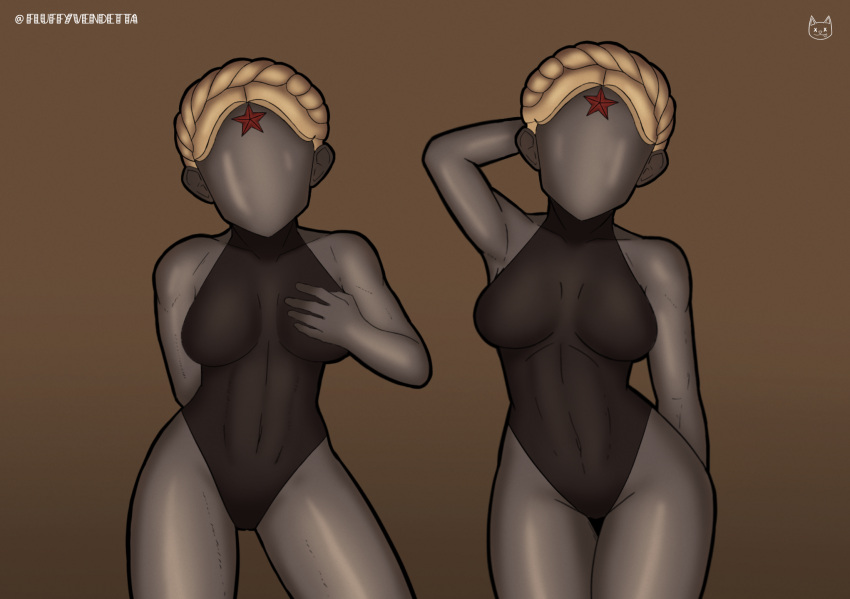 2girls abs android atomic_heart blonde_female blonde_hair breasts doppleganger female_only female_robot fluffyvendetta gynoid humanoid left_(atomic_heart) metal metallic_body multiple_girls right_(atomic_heart) robot robot_girl robot_humanoid selfcest shiny shiny_hair the_twins_(atomic_heart) thick_thighs twins