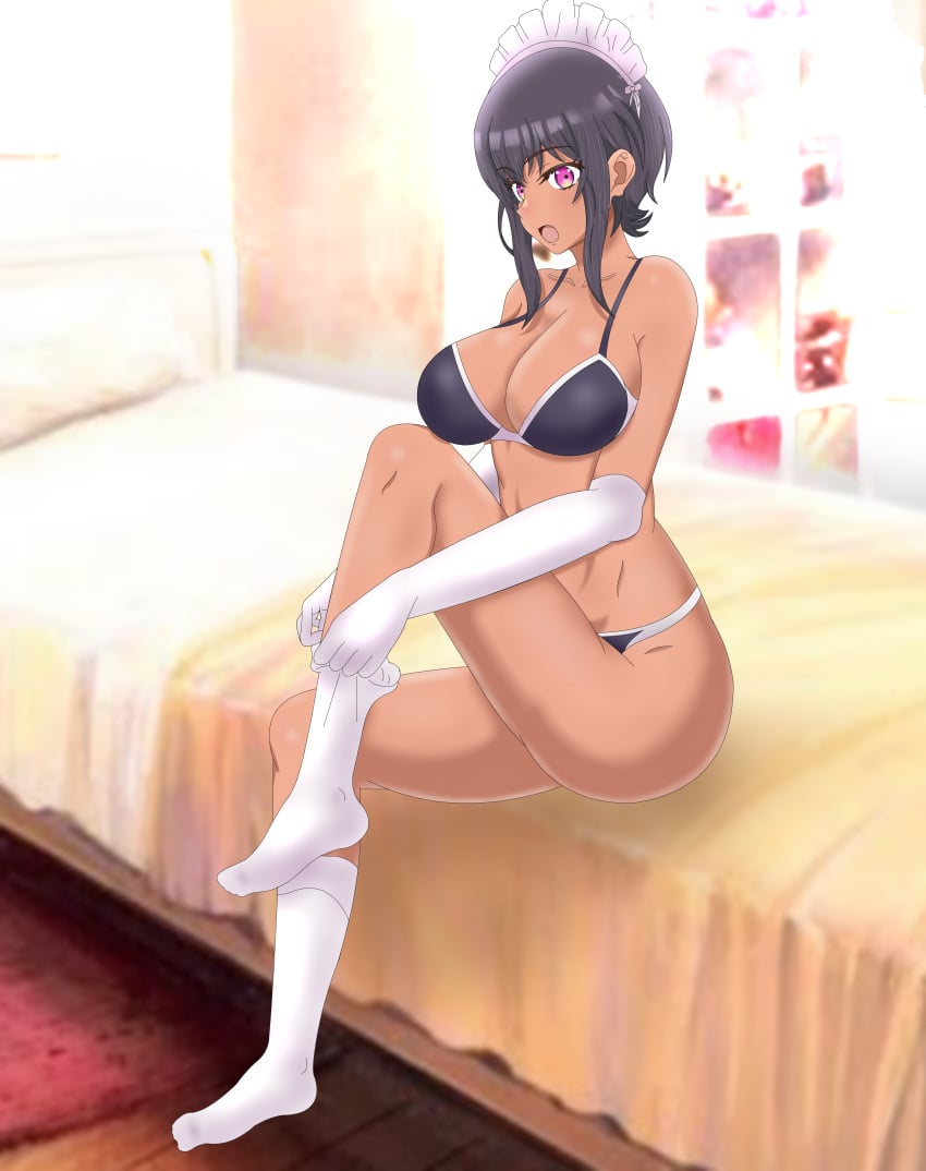 1girls big_breasts bra breasts changing_clothes dark-skinned_female dark_skin lilith_(saikin_yatotta_maid_ga_ayashii) lingerie long_legs looking_at_viewer lpogo maid panties saikin_yatotta_maid_ga_ayashii string_panties surprised undressing