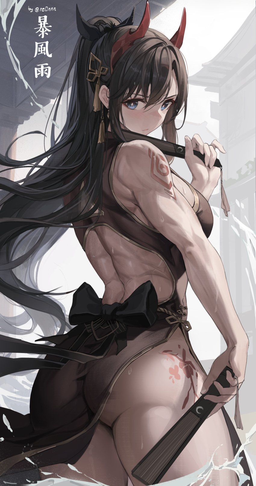 ass back blue_eyes brown_hair china_dress demon_girl dress earrings hi_res horns looking_back muscular muscular_female original ponytail re0n solo solo_female tattoo thighs toned