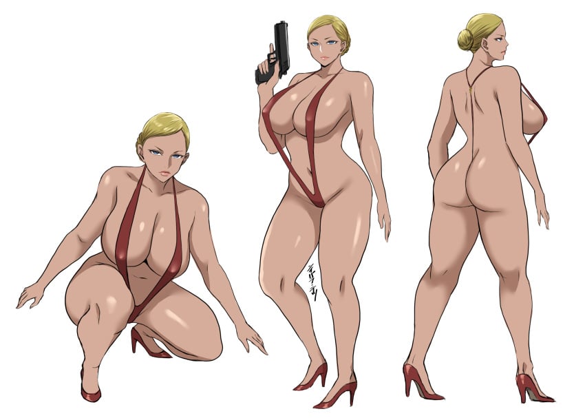 1girls ass back back_view backboob big_ass big_breasts blonde_hair blue_eyes breasts dat_ass female female_only footwear full_body gun hair hair_bun heels high_heels holding_weapon huge_ass huge_breasts legs lips red_sling_bikini robot robot_girl shibusun skimpy skimpy_bikini sling_bikini solo solo_female swimwear t-x terminator terminator_3:_rise_of_the_machines thighs weapon