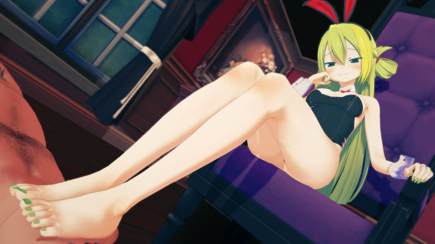 1boy 1boy1girl 1girls alina_gray barefoot bunny_ears bunny_girl bunnysuit dominant dominant_female domination feet feet_on_face female female_domination femdom foot_fetish foot_lick foot_play green_eyes green_hair hetero human human_only kissing koikatsu legs long_hair magia_record:_mahou_shoujo_madoka_magica_gaiden mahou_shoujo_madoka_magica male nails nails_painted puella_magi_madoka_magica sitting straight young younger_male ytr_kk