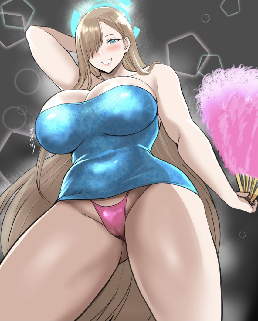 1girls absurdly_long_hair asuna_(blue_archive) big_breasts blue_archive blue_dress blue_eyes blush bottomwear breasts brown_hair dress female female_only folding_fan hair hair_over_one_eye huge_breasts lips long_hair looking_at_viewer looking_down microdress minidress panties pantyshot pantyshot_(standing) pink_thong shibusun skimpy skimpy_dress smile solo solo_female strapless strapless_dress thick_thighs thighs thong very_long_hair