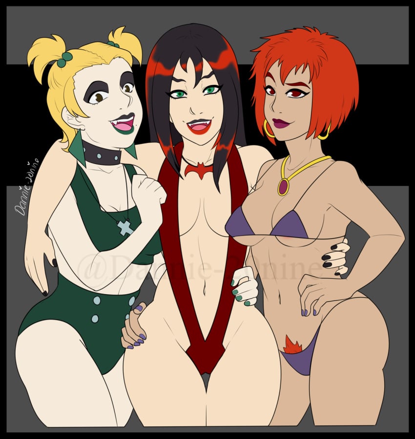 3girls alternate_version_available artist_name artist_signature ass band bikini black_hair blonde_hair breasts casual cleavage clothing collar colored_nails dannie-20nine dark-skinned_female dark_skin dusk_(hex_girls) earrings edit eyeshadow fangs female female_only goth goth_girl group_hug hex_girls hips human light-skinned_female lipstick looking_at_viewer luna_(hex_girls) makeup multiple_girls navel necklace neckwear pale_skin pubic_hair red_hair scooby-doo scooby-doo_and_the_witch's_ghost sling_bikini smile smiling swimsuit swimwear thorn_(hex_girls) trio twintails two_piece_swimsuit voluptuous