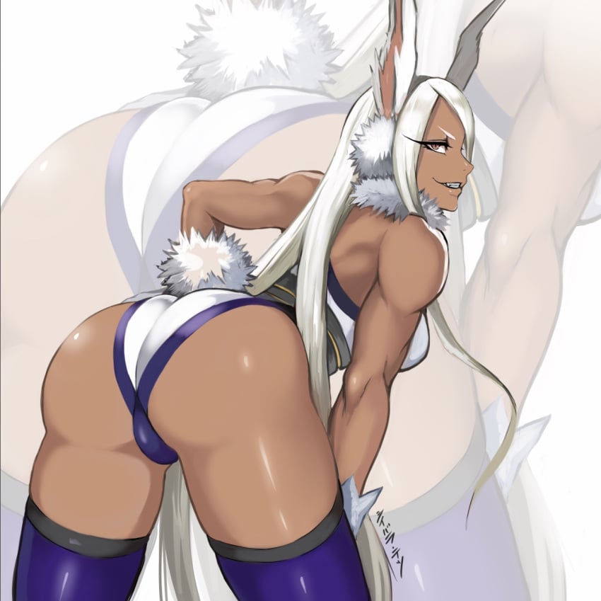 1girls animal_ears ass ass_focus bent_over big_ass breasts bunny_ears bunny_tail dark-skinned_female dark_skin dat_ass female female_only hair huge_ass legwear leotard long_hair looking_back miruko my_hero_academia red_eyes rumi_usagiyama shibusun solo solo_female superheroine tail thick_thighs thighs white_hair