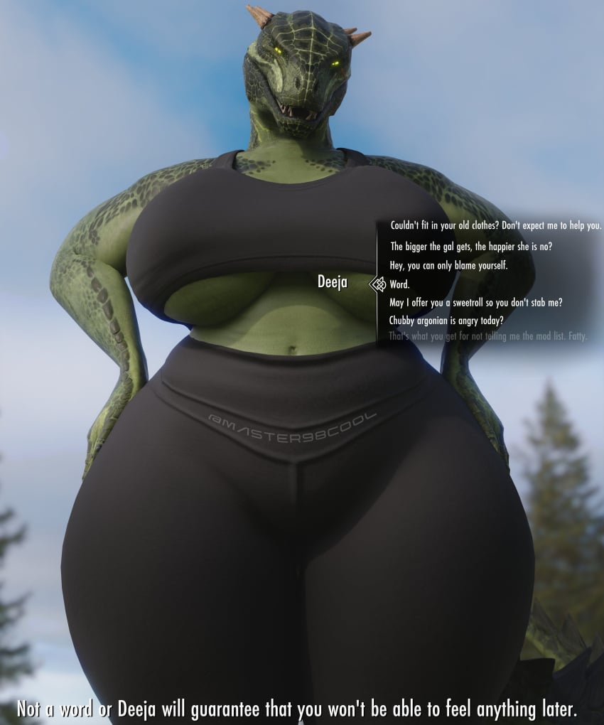 1girls 3d 3d_(artwork) anthro argonian arms_at_sides artist_name background_sky belly belly_button bethesda_softworks big_breasts blurry_background breasts busty clothed clothed_female clothes clothing coolmaster98 curvaceous curves curvy curvy_body curvy_female curvy_figure deeja dialogue dialogue_box dialogue_options english_dialogue english_text eye_contact feet_out_of_frame female female_focus female_only fully_clothed green_body green_skin hands_on_hips hi_res high_resolution highres hips horn horns hud huge_breasts large_breasts leggings legs legs_together legwear looking_at_viewer looking_down looking_down_at_viewer low-angle_view mouth_open navel open_mouth outdoors outside pants pov scales scalie skin_tight skyrim solo solo_female solo_focus sports_bra sportswear standing stomach talking talking_to_viewer teeth the_elder_scrolls thick_thighs thighs threatening tight_clothing topwear underboob voluptuous wide_hips yellow_eyes yellow_sclera yoga_pants