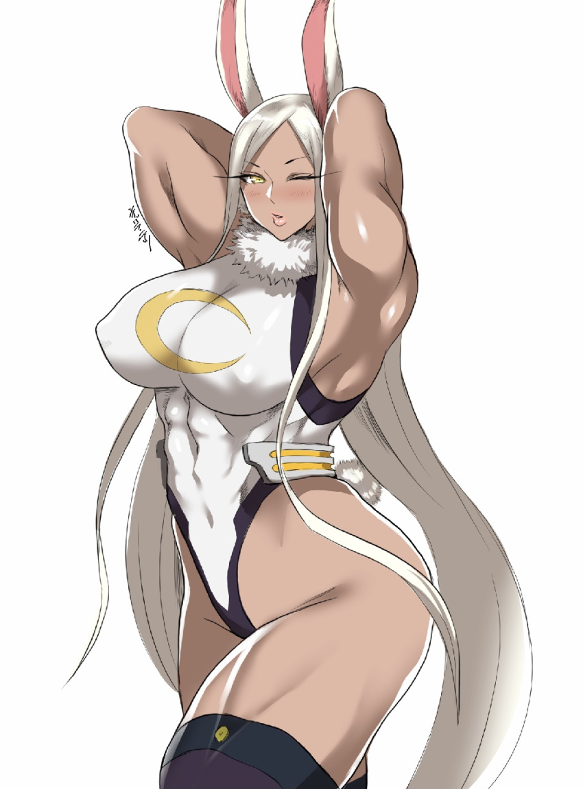 1girls animal_ears arms_behind_back big_breasts breasts bunny_ears bunny_tail dark-skinned_female dark_skin female female_only fully_clothed hair hands_behind_head hips huge_breasts legwear leotard lips long_hair miruko muscles muscular muscular_female my_hero_academia one_eye_closed rumi_usagiyama seductive seductive_look shibusun solo solo_female superheroine tail thick_thighs thighhighs thighs white_hair wide_hips wink winking winking_at_viewer yellow_eyes