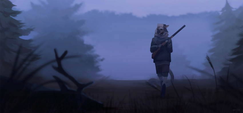 ambiguous_gender anthro artist_name black_sclera blood bodily_fluids bottomwear clothed clothing death deer duo front_view grass grey_body gun hat headgear headwear holding_gun holding_object holding_weapon hunter jacket mammal mouth_closed outside plant ranged_weapon shorts side_view silhouette species_request standing topwear tree unknowhiter weapon