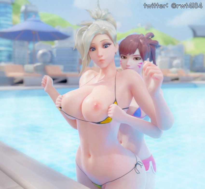 2girls 3d angela_ziegler assisted_exposure big_breasts bikini blonde_hair blue_eyes cleavage d.va embarrassed exposed_breasts exposed_nipples female flashing_breasts from_behind hana_song looking_at_viewer lowres mercy overwatch overwatch_2 rwt4184 surprised yuri