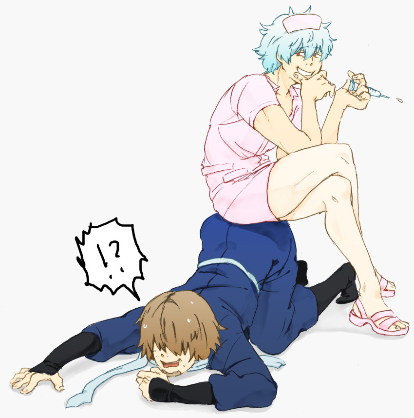 2boys ?! alternate_costume ass_up brown_hair crossdressing crossed_legs face_down_ass_up facial_hair fully_clothed gintama gintoki_sakata goatee grin hattori_zenzou humor male male_only ninja nurse nurse_cap nurse_uniform pantyhose rurya sitting_on_ass sitting_on_person smile surprised syringe teasing yaoi