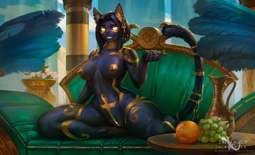 ankh anthro black_body black_fur black_hair breasts domestic_cat ear_piercing egyptian felid feline felis female fur genitals glowing glowing_eyes glowing_genitalia gold_nipples hair hypnotic_eyes hypnotizing_viewer inviting looking_at_viewer mammal nipple_piercing nipples nude piercing pussy saltamor sitting smile solo