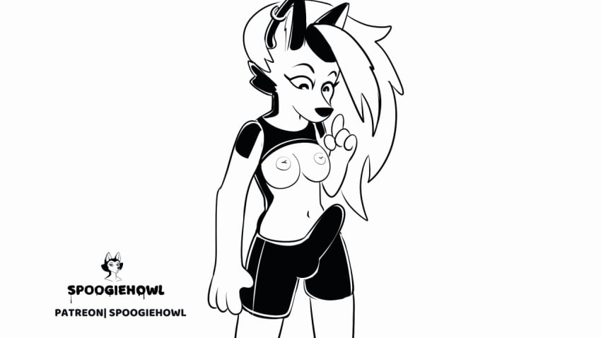 1futa 2023 animated anthro balls big_breasts black_and_white black_body black_eyebrows black_eyelashes black_eyes black_fur black_nose bottomwear bottomwear_down breasts bulge canid canid_demon canine canis clothed clothing clothing_lift demon erection exhibitionism eyebrows fur furry futa_only futanari genitals gif grin gynomorph hair hellhound helluva_boss humanoid_genetalia humanoid_genitalia humanoid_penis intersex long_hair looking_down loona_(helluva_boss) mammal monochrome nipple_piercing nipples pants pants_down pantsless partially_clothed penis piercing shirt shirt_lift shorts smile solo speech_bubble spoogiehowl tight_clothing topwear undressing white_body white_fur white_hair wolf