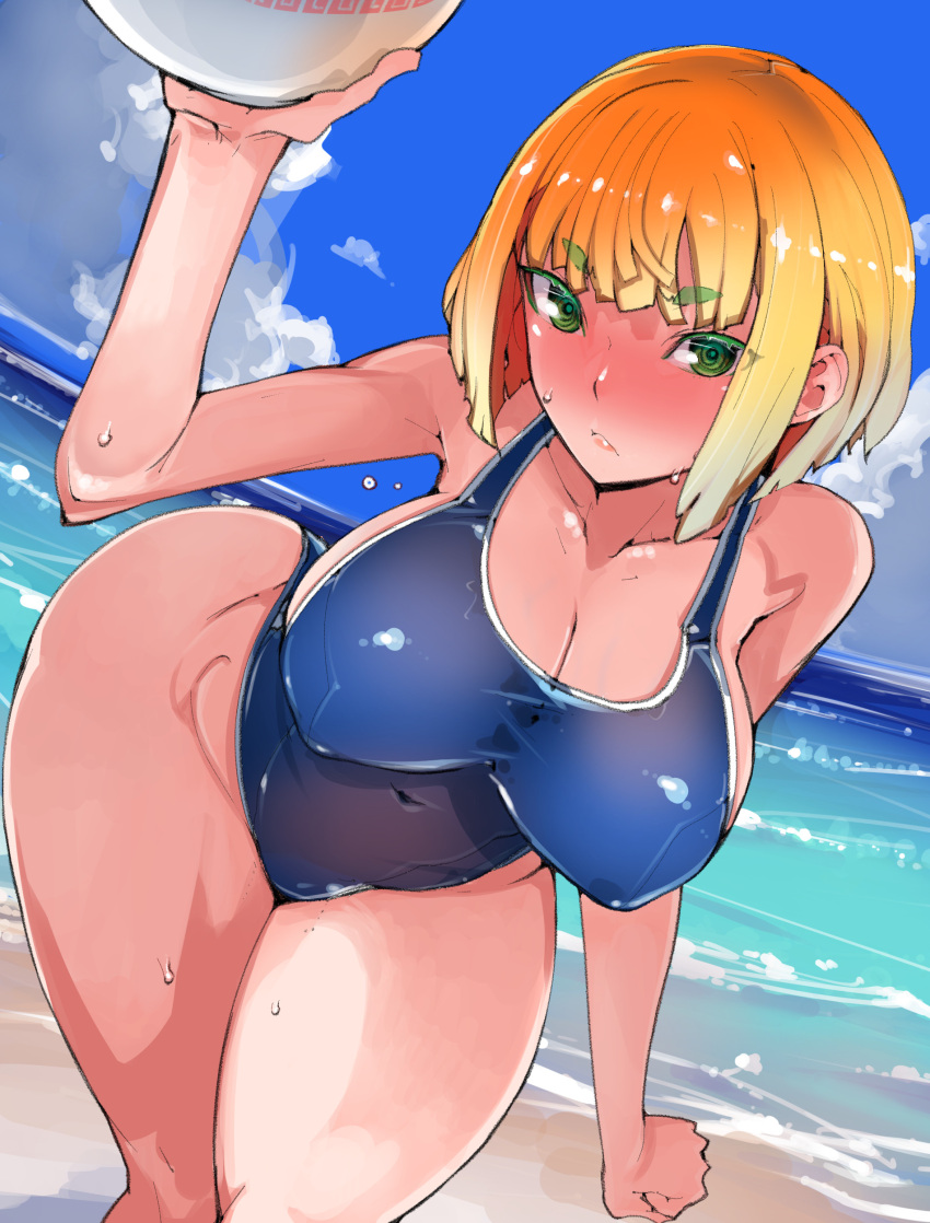 arms_(game) beach big_breasts blush min_min_(arms) nintendo one_piece_swimsuit sweat swimsuit takayama_toshinori thighs