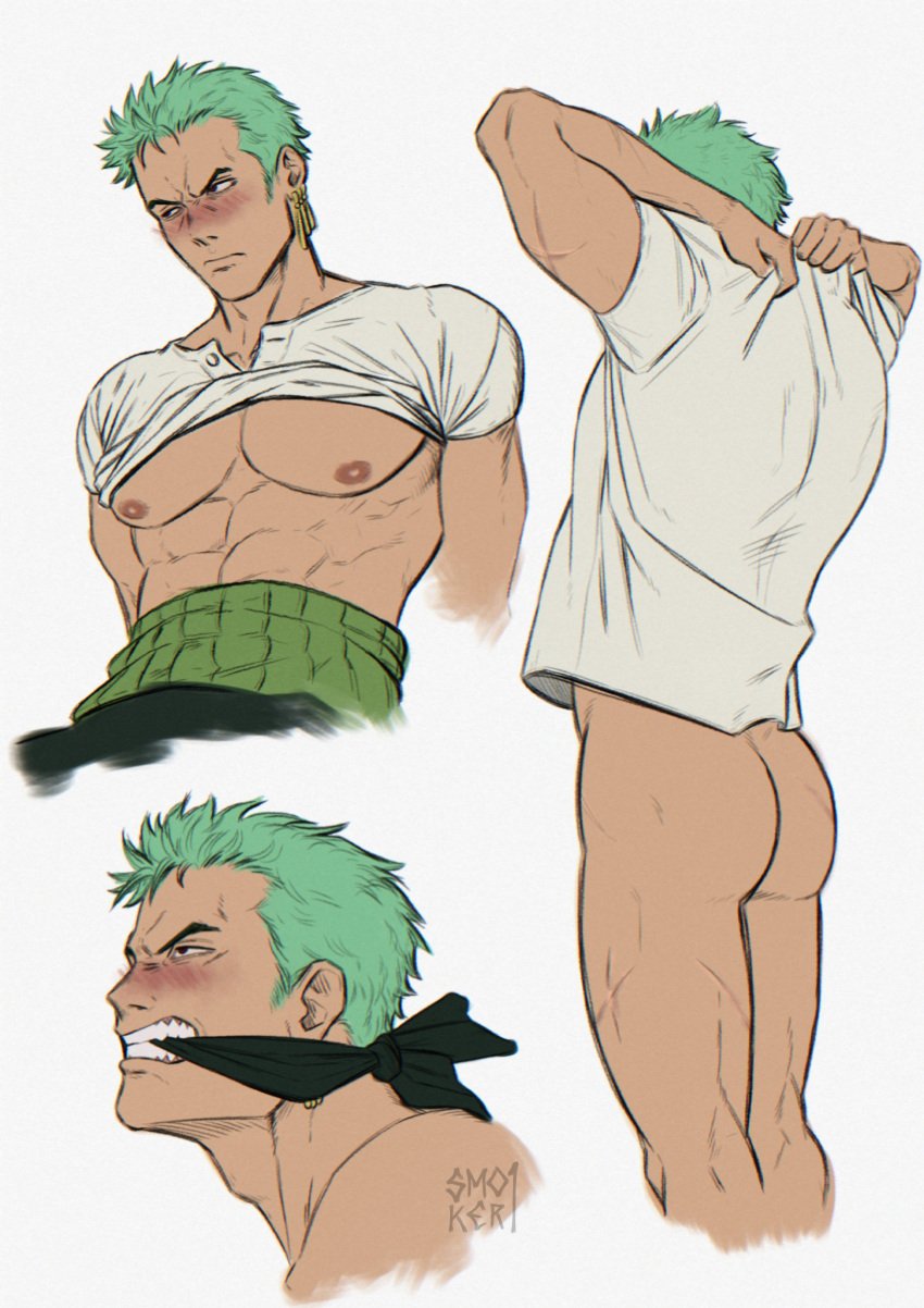 1boy blush gag green_hair male male_only one_piece partially_clothed roronoa_zoro smokerichiart solo