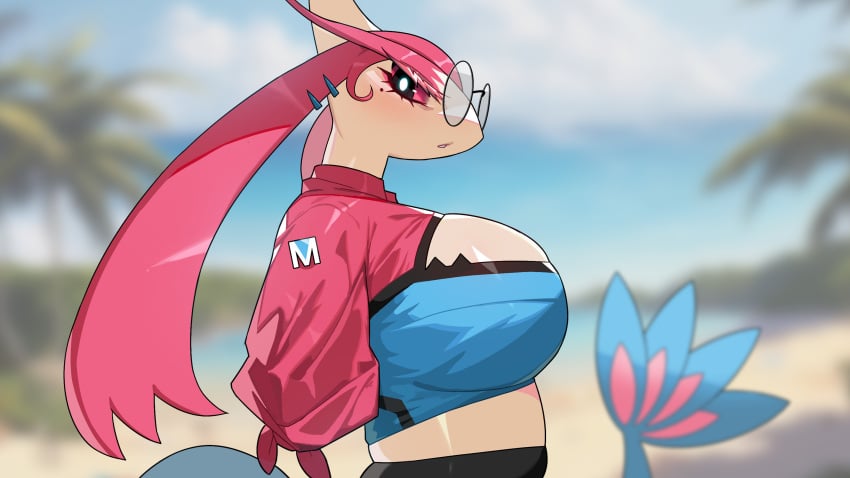 1girls 2d anthro beach breasts detailed_background drunkoak female female_focus female_only fish fish_girl girls huge_breasts large_breasts looking_at_viewer milotic nintendo pokémon_(species) pokemon pokemorph solo