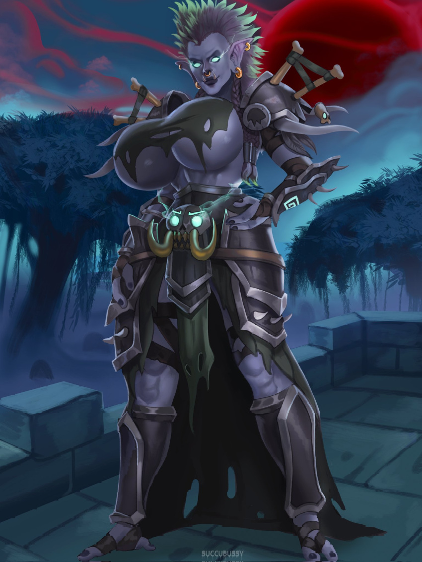 big_breasts braid braided_hair braided_twintails breasts bremonqueen death_knight death_knight_(warcraft) female glowing glowing_eyes long_ears nose_ring smile smiling solo solo_female toned toned_female troll_(warcraft) troll_female undead undead_(warcraft) warcraft world_of_warcraft wow