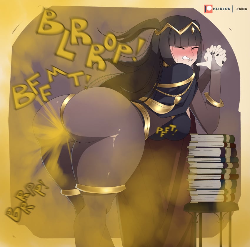 1girls bangs bent_over big_ass big_butt black_hair blush books clenched_teeth closed_eyes fart fart_cloud fart_everywhere fart_fetish farting fire_emblem fire_emblem_awakening looking_at_viewer looking_back looking_back_at_viewer nintendo onomatopoeia pantyhose purple_background rear_view solo sweat tharja_(fire_emblem) thick_thighs zaina_art99