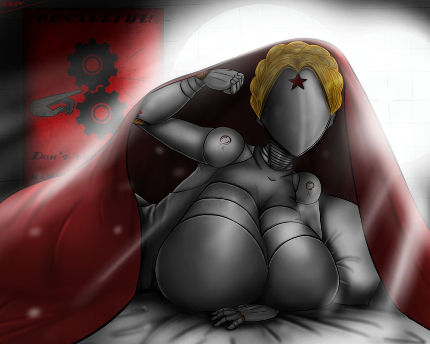 adshtorm atomic_heart bed bedroom big_breasts breasts female_only grey_body hyper_breasts intersex self_upload the_twins_(atomic_heart) under_covers undercover yellow_hair