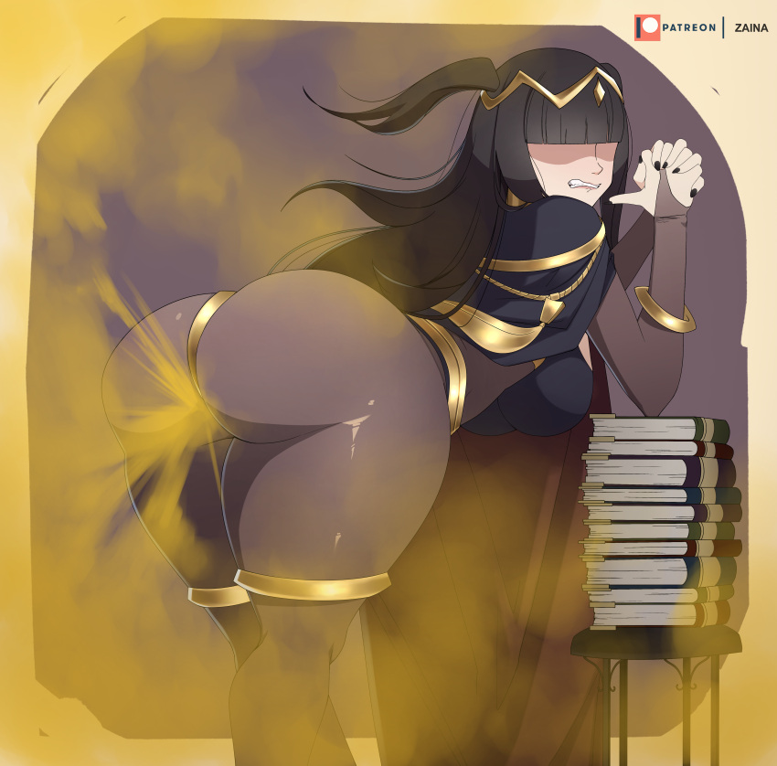 1girls bangs bent_over big_ass big_butt black_hair books clenched_teeth fart fart_cloud fart_everywhere fart_fetish farting fire_emblem fire_emblem_awakening looking_at_viewer looking_back looking_back_at_viewer nintendo no_eyes pantyhose purple_background rear_view solo tharja_(fire_emblem) thick_thighs zaina_art99