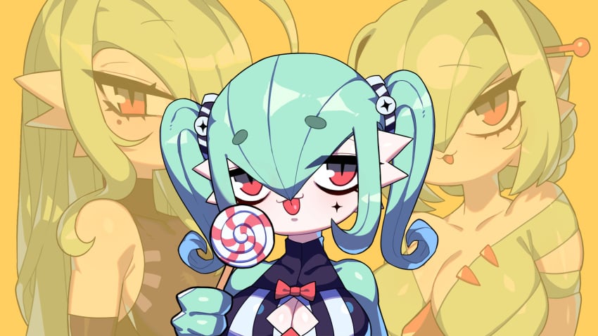 2d 3girls bare_shoulders beauty_mark candy cleavage_cutout drunkoak female female_focus female_only female_pokemon gardevoir green_hair lollipop long_eyelashes nintendo pokémon_(species) pokemon pokemon_(species) ponytail red_eyes tongue tongue_out white_body yellow_background