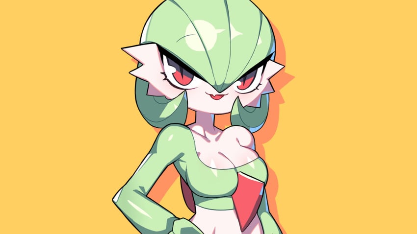 1girls 2d breasts cleavage drunkoak female female_focus female_only gardevoir green_hair long_eyelashes nintendo open_mouth pokémon_(species) pokemon pokemorph red_eyes solo white_body yellow_background