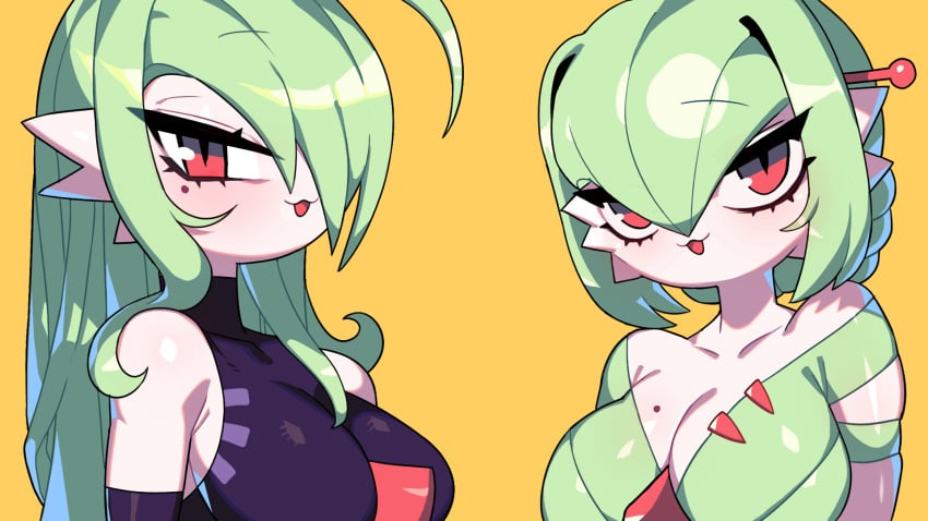 2d 2girls bare_shoulders beauty_mark blush braided_hair breasts cleavage dress drunkoak duo female female_focus female_only female_pokemon gardevoir green_hair hair_pin large_breasts long_eyelashes long_hair looking_at_viewer nintendo open_mouth pokémon_(species) pokemon seductive_look sideboob yellow_background