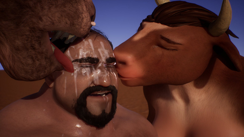 anthro bisexual bovine bull cum_on_face double_kiss kissing minotaur overweight_male wildlife_(video_game)