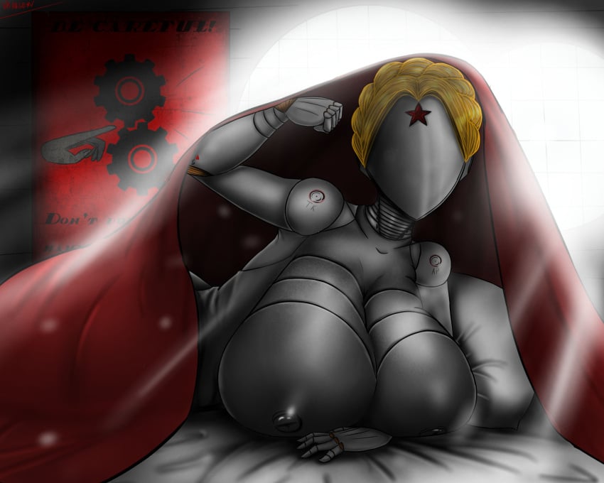 adshtorm atomic_heart bed bedroom big_breasts breasts female_only get_in_bed(meme) grey_body hyper_breasts intersex self_upload the_twins_(atomic_heart) under_covers undercover yellow_hair