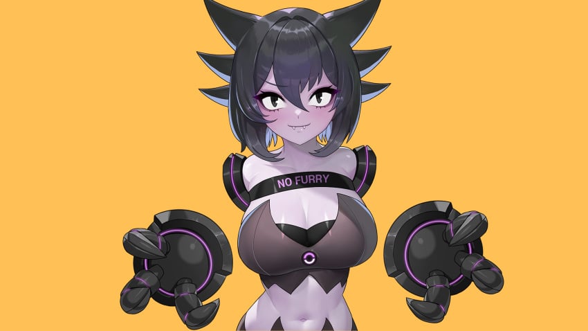 2d bare_shoulders belly_button black_eyes black_hair blush breasts cleavage cute_fangs drunkoak female female_focus female_only female_pokemon ghost ghost_girl haunter large_breasts looking_at_viewer nintendo pokémon_(species) pokemon pokemorph purple_skin skinny text yellow_background