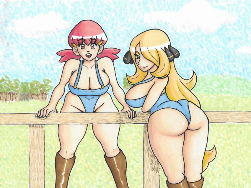 brownpidgeon cynthia_(pokemon) farm farmgirl large_breasts leather_boots overalls pokemon revealing_clothes whitney_(pokemon)