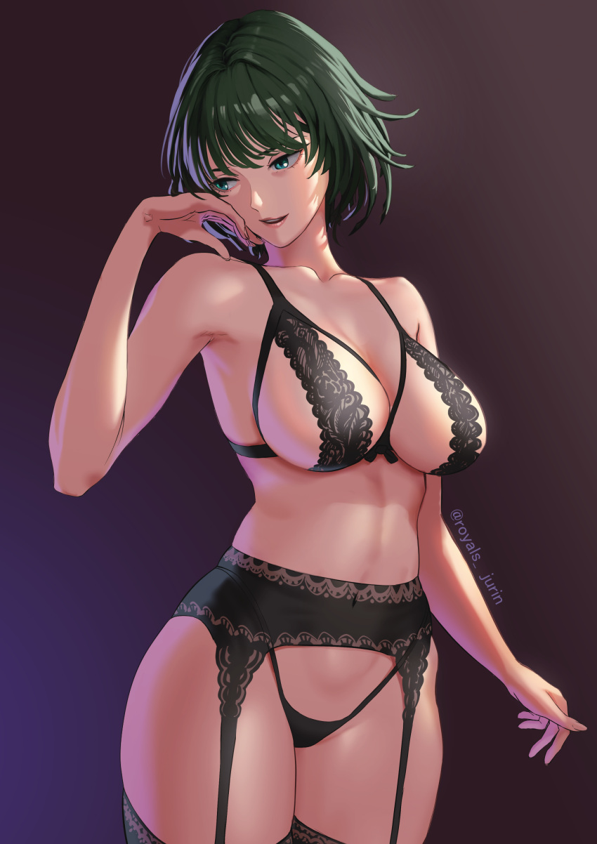 1girls big_breasts black_garter_belt black_garter_straps black_lingerie black_stockings black_thong bra breasts busty curvaceous curvy curvy_body curvy_female curvy_figure dark_green_hair female fringe front_view fubuki_(one-punch_man) garter_belt garter_straps green_eyes green_hair highres hios hourglass_figure large_breasts light-skinned_female light_skin lingerie lingerie_only lips lipstick medium_hair midriff navel one-punch_man panties pose posing royals_jurin shiny_skin short_hair simple_background smile smiling solo stockings thick_thighs thighhighs thighs thong toned voluptuous wide_hips