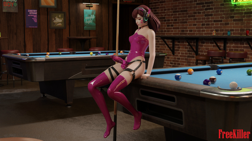 1girls 3d 4k absurd_res bar blender breasts d.va dildo female freekiller headset hi_res latex_stockings latex_swimsuit looking_down nipples overwatch pool_cue pool_table sex_toy sitting sitting_on_table solo strap-on