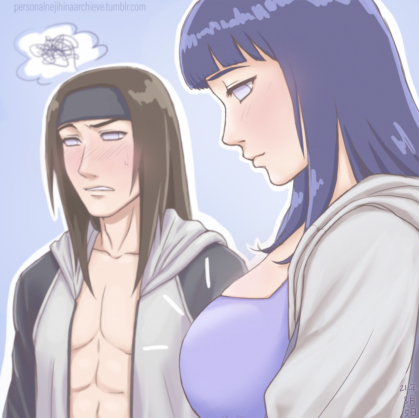 1boy 1girls abs bangs blush blush_lines busty cleavage cousins female girl_staring_at_guy's_chest headband hyuuga_hinata hyuuga_neji long_hair looking_at_breasts male meme naruto naruto_(series) naruto_shippuden open_shirt