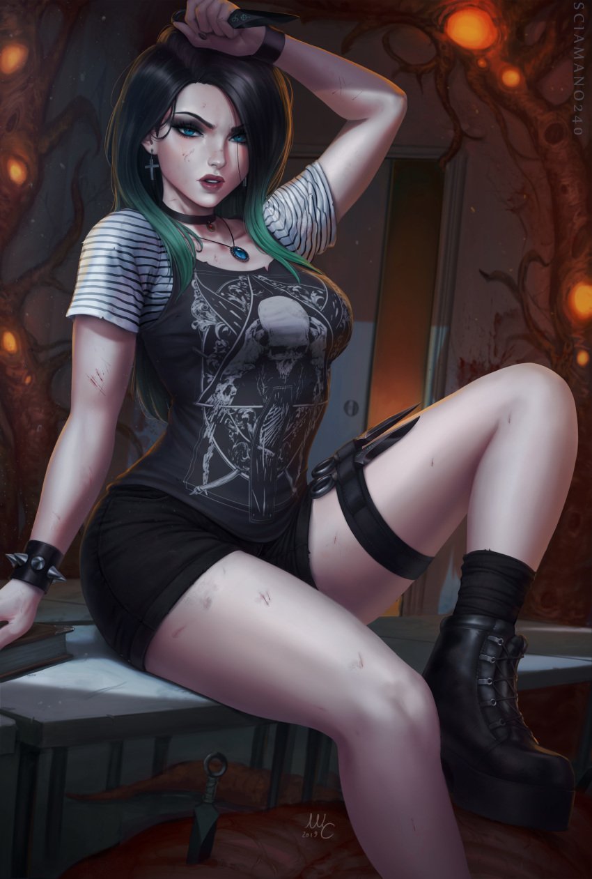 1girls april_(sciamano240) big_lips black_hair choker cross_earrings cyan_eyes earrings female female_only female_solo goth goth_girl green_hair hell_college hi_res holding_object looking_at_viewer medium_breasts mirco_cabbia oc original original_character runes sciamano240 scratches sitting solo solo_female t-shirt wounded