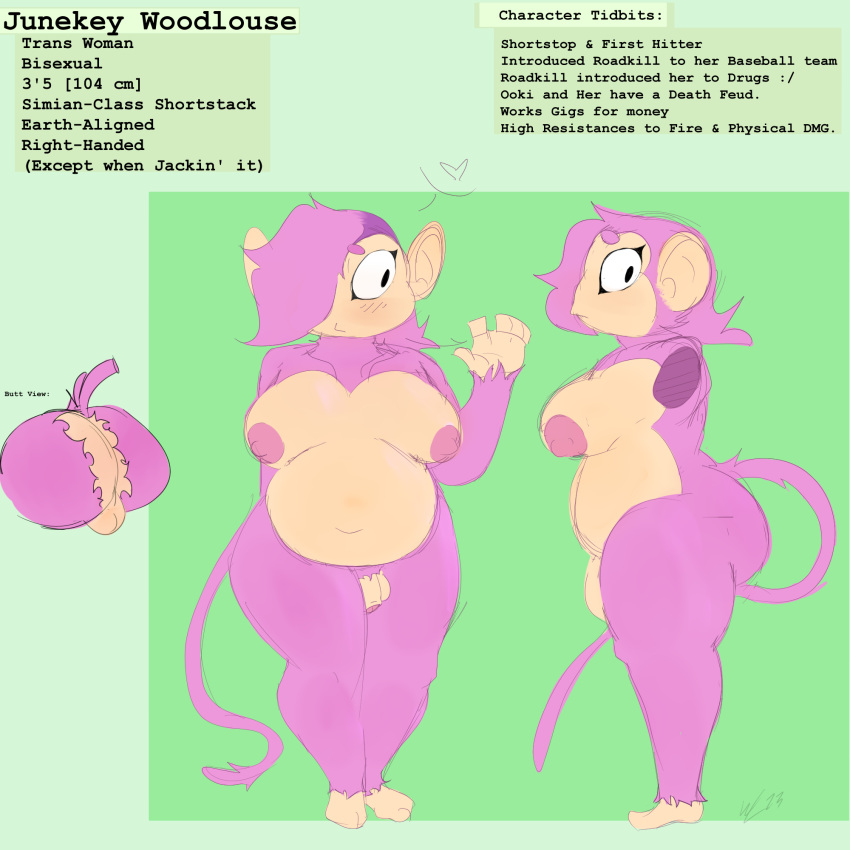 anthro areola artybozu breasts eyeliner fur gynomorph hair haplorhine hi_res intersex juneky_(artybozu) makeup mammal model_sheet monkey nipples pink_body pink_fur pink_hair primate solo solo_focus tail text