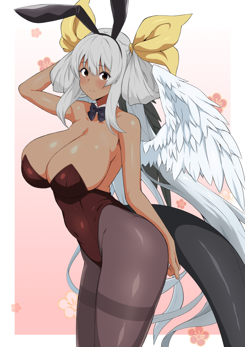 1girls alternate_color angel_wings animal_ears arm_above_head arm_up asymmetrical_wings bangs bare_shoulders black_bow black_bowtie black_leotard blush border bow bowtie breasts bunnysuit chinese_zodiac cleavage collar collarbone covered_navel dark-skinned_female dark_skin detached_collar dizzy_(guilty_gear) fake_animal_ears female fuuma_(bangolga1) grey_hair guilty_gear hair_between_eyes hair_ribbon hair_rings highres huge_breasts large_breasts leotard long_hair looking_at_viewer mature_female milf monster_girl pantyhose pink_background playboy_bunny rabbit_ears red_eyes ribbon sideboob sidelocks smile solo tail tan twintails white_border wings year_of_the_rabbit