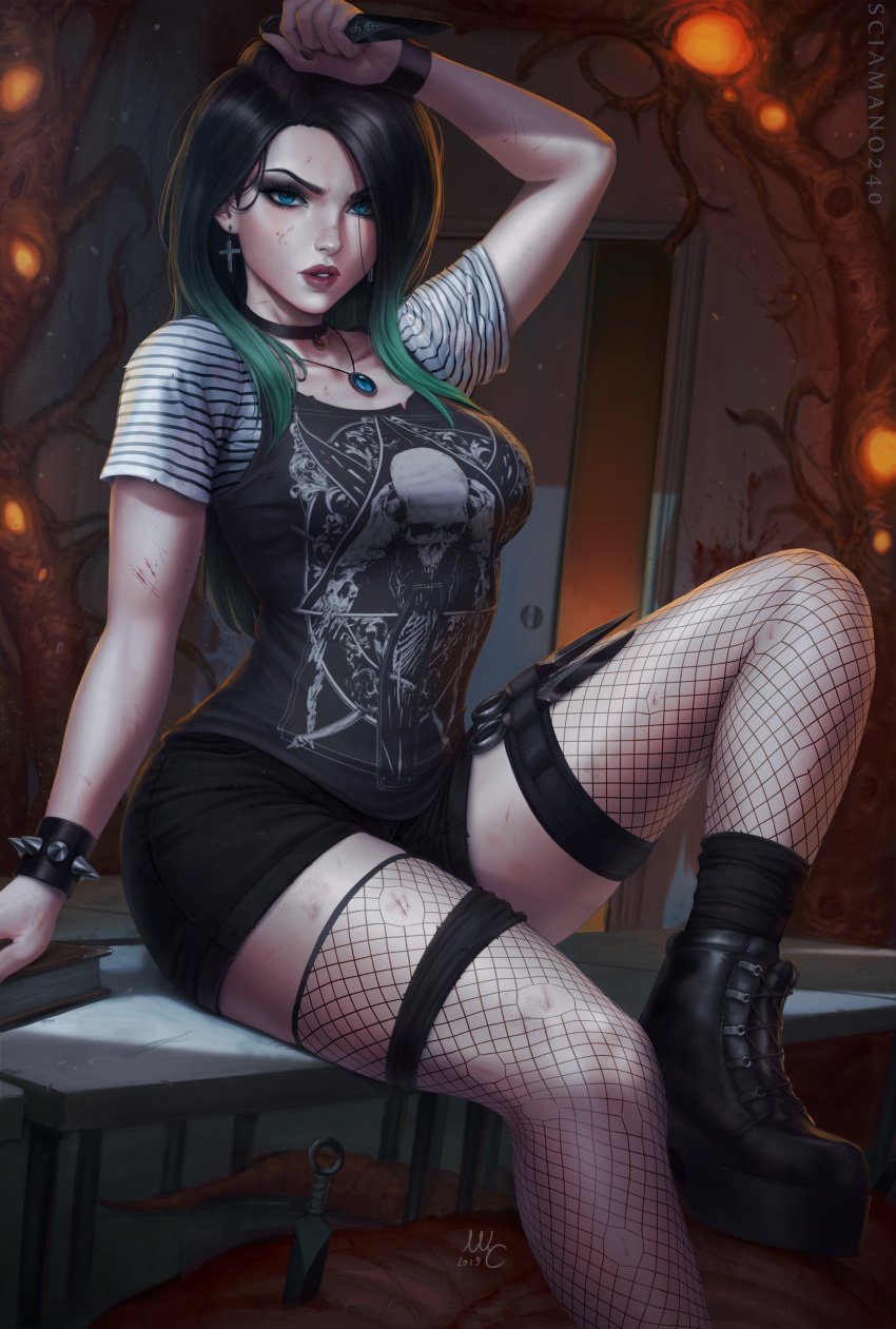 1girls april_(sciamano240) big_lips black_hair choker cross_earrings cyan_eyes earrings female female_only female_solo fishnet_stockings fishnets goth goth_girl green_hair hell_college hi_res holding_object looking_at_viewer medium_breasts mirco_cabbia oc original original_character runes sciamano240 scratches sitting solo solo_female t-shirt wounded