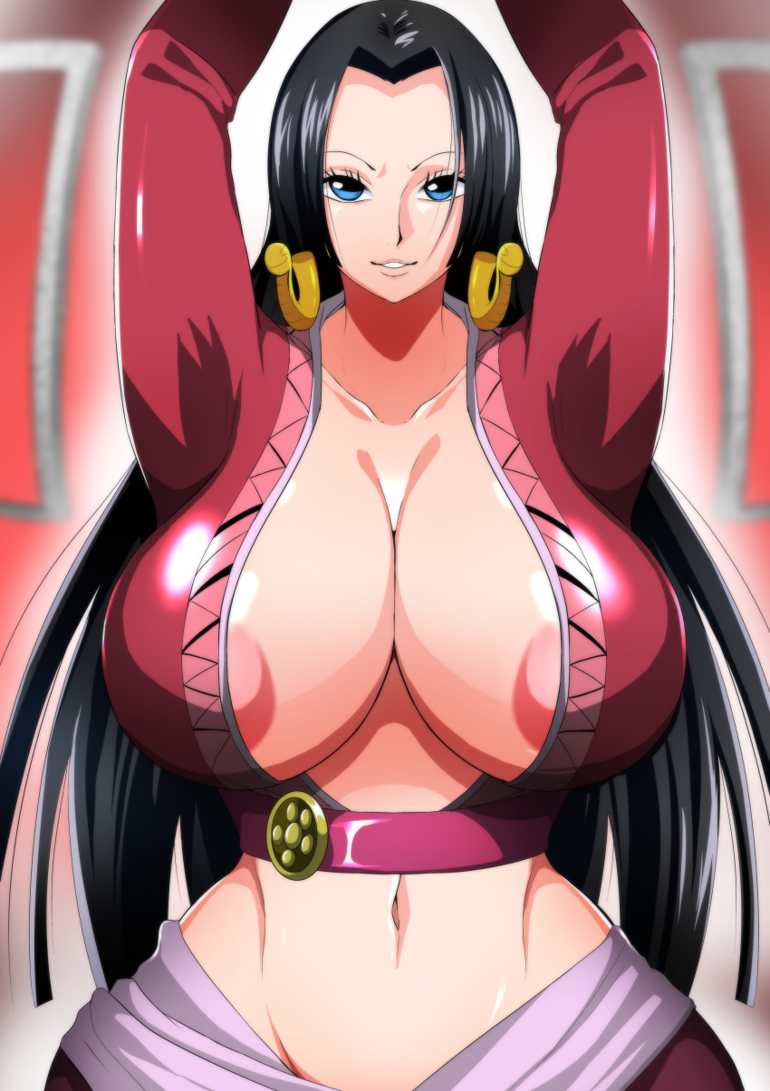 1girls areola_slip areolae big_breasts black_hair blue_eyes blush boa_hancock breasts cleavage female female_only hi_res highres huge_breasts human large_breasts light-skinned_female long_hair looking_at_viewer nipples one_piece qdoujin seductive shounen_jump solo solo_female wide_hips