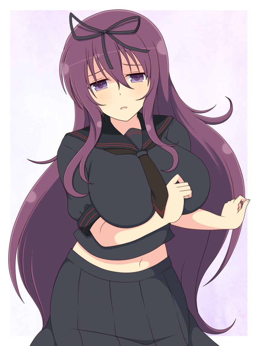 1girls crop_top female front_view gradient_background hair_ornament ichiryuu_tsumiki impossible_clothes large_breasts light-skinned_female light_skin looking_at_viewer midriff murasaki_(senran_kagura) navel necktie open_mouth purple_eyes purple_hair ribbon school_uniform senran_kagura sidelocks simple_background skirt solo standing very_long_hair