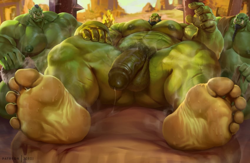 bald balls bara beard big_balls big_muscles big_pecs big_penis facial_hair feet green_skin male male_only muscles muscular musk orc penis precum sweaty zoroj