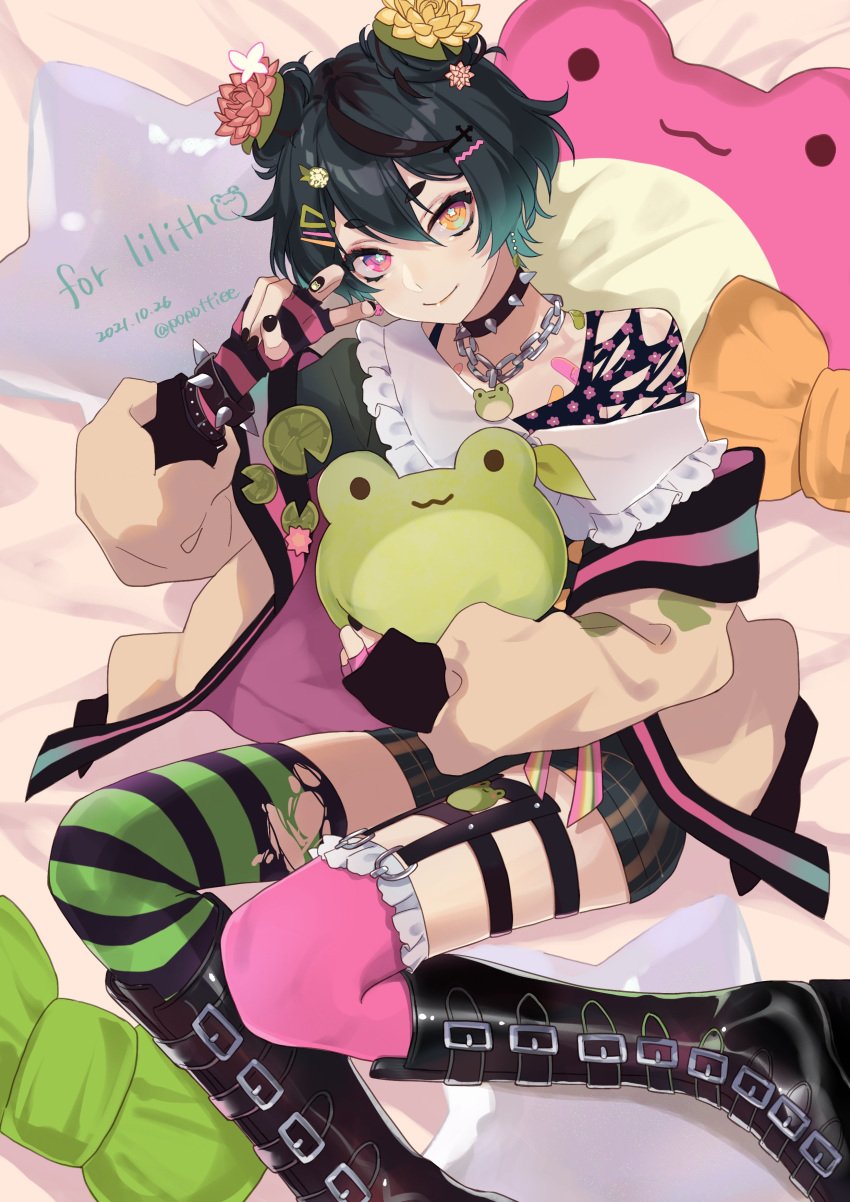 1boy absurdres asymmetrical_legwear black_hair blue_hair chains collar colored_tips double_bun female femboy fingerless_gloves flower frog full_body gloves gothic hair_bun hair_flower hair_ornament hairclip heterochromia highres indie_virtual_youtuber lilith_(vtuber) looking_at_viewer looking_up lying multicolored_hair nail_polish object_hug pale_skin pillow potti-p purple_eyes solo spiked_collar spikes striped striped_gloves striped_legwear stuffed_toy thighhighs virtual_youtuber yellow_eyes