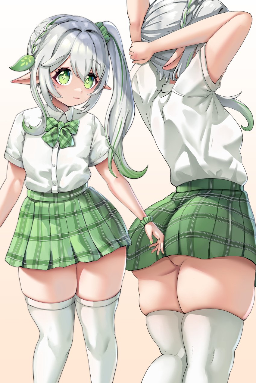 arms_up ass elf elf_ears genshin_impact green_eyes green_hair green_skirt leaf_hair_ornament long_hair nahida_(genshin_impact) no_shoes no_underwear ribbon school_uniform thick_ass thick_thighs thighhighs white_hair yuzun404