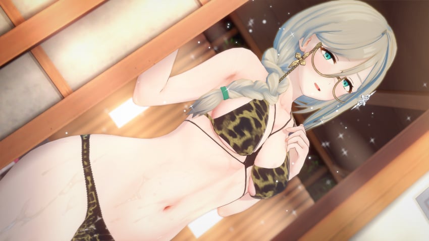 1girls 3d 3d_(artwork) aia_amare bare_midriff bare_shoulders belly_button big_breasts bikini blue_green_eyes braid braided_hair braided_ponytail cleavage exposed_shoulders exposed_torso glasses green_eyes hair_ornament hair_over_shoulder koikatsu leopard_print leopard_print_bikini midriff navel nijisanji nijisanji_en round_glasses solo solo_female solo_focus swimsuit virtual_youtuber