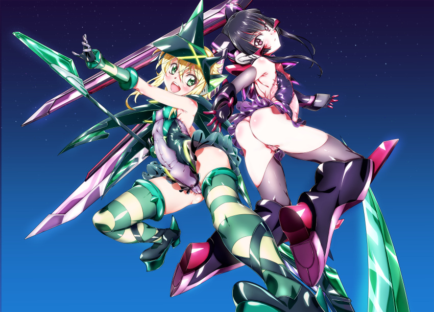 2girls akatsuki_kirika ass black_hair blush cameltoe erect_nipples green_eyes multiple_girls niko_(tama) open_mouth senki_zesshou_symphogear skin_tight small_breasts striped_legwear tsukuyomi_shirabe